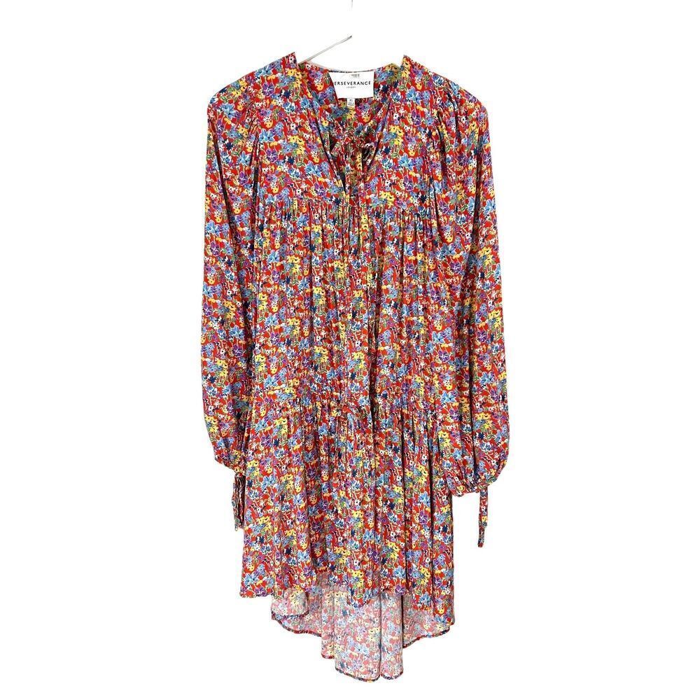 Perseverance London Dress Womens Small Red Floral Boho Cottage Core Tie Gathered - Picture 4 of 13